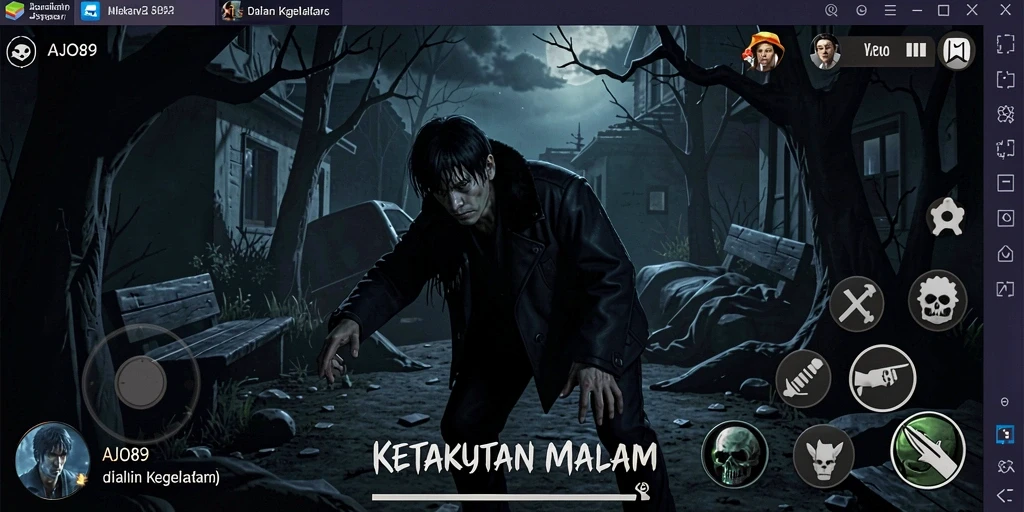 Tampilan gameplay menyeramkan di AJO89 saat karakter menjelajahi kegelapan.