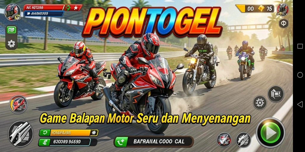 Screenshot gameplay PIONTOGEL yang menunjukkan aksi balapan motor yang mendebarkan.