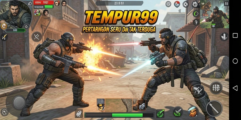 Tampilan gameplay seru dari TEMPUR99 saat bertarung melawan musuh.